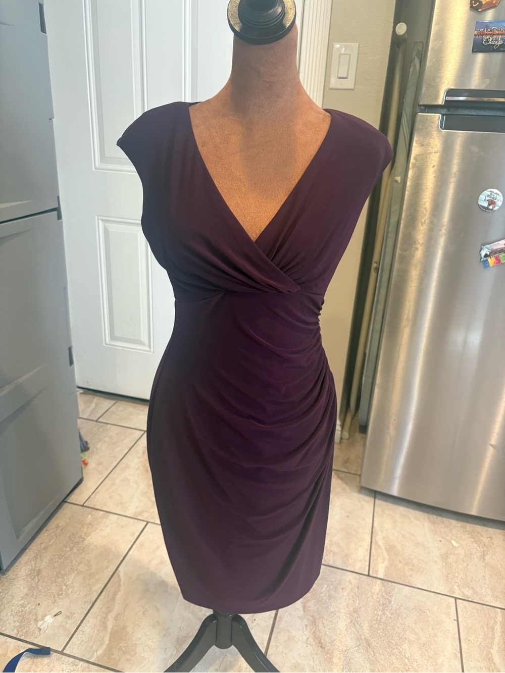 Lauren Ralph Lauren Plum V-Neck Ruched Midi Dress